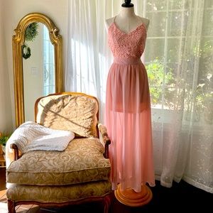 Light pink dress with tie back straps. Bottom liner is shorter length then top.